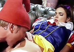 Busty brunette in cool cosplay gets a blowjob from her