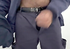 Security guard ejaculated on his work uniform in a public rest room.