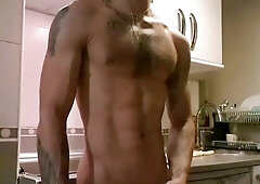 [Kitchen] Muscled boy munching his own jizz after powerful solo [POINT OF VIEW]
