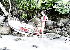 Sexy Monika Fox In Red Bodysuit On Beach Near Kayak