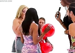 A fan game turns hardcore when a transsexual straddles her hairless, tattooed partner on a white stool and strokes him to a creamy spunk flow across h