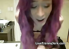 Slim purple-haired tgirl orgasms twice 3412
