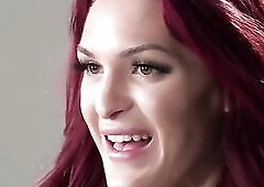 Breasty redhead transsexual podcast interview and jerks her ramrod to climax