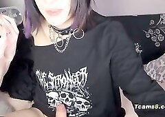 Goth Shemale Fucks Her Babe's Wet Pussy with a Big Orange Dildo