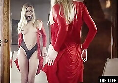 Edgy girl with ball gag and nipple clamps pushes dildo up ass