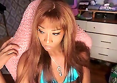 Ebony Trans Girl Vanniall Edging in a Tiny Blue Bikini - Ending in a HUGE Self Facial!
