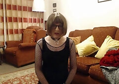Sissy in a whore costume returns to her master