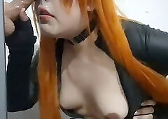 Big Tits Femboy Black Widow in Leather Bodysuit and Nosehook Eating Cum, Deepthroat and Gagging