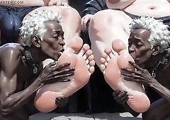 Collar thrall black beauty serving her King and Queen by licking their large feet. This babe runs her tongue lazily over their soft soles and sucks ev