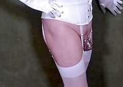 EXPOSING MYSELF AS A SISSY FAGGOT DRESSED IN WHITE LINGERIE, STOCKINGS AND HEELS.