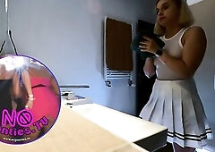 Super sexy small blond cheerleader wears a short miniskirt with a watch throughout top to show her breasts