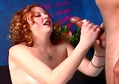 Redhead slut with big boobs goes down