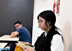 Nerdy Student in Glasses and Big-Butted Student Fuck Milf Professor in Class with Intense Pounding