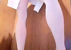 Risky exhibitions in public toilet are about to be caught. Tricky asian sissy in white nylons and