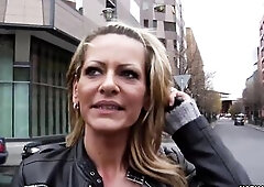 Eve flashes her massive boobs on the street in advance of coming back to his place where that babe groans whilst that babe gets her taut twat banged.