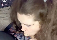 Amateur brunette BBW sucks dick and swallows cum