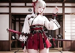 The Red & White Kimono Warrior has arrived! In a Zen inspired traditional room, a silver haired angel in a modified battle kimono kneels on soft t