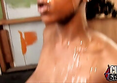 Ebony babe with curly hair and big tits with perky nipples got multiple facial cumshots