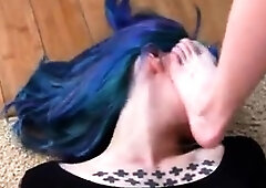Dominant babe making foot fetish lesbian slave lick her toes
