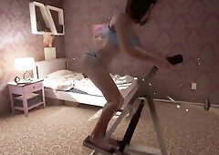 A gal has a admirable workout in her room over the weekend. This babe goes on the stepper for a whilst and that babe does some very unfathomable sits.